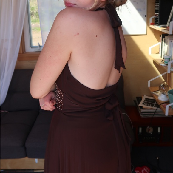 Y2K Brown Halter Dress with Gold Details - Picture 4 of 4
